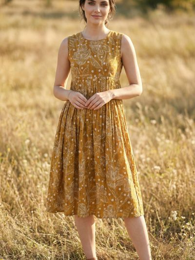 Golden yellow sleeveless linen cotton short dress with Vatican print, front view