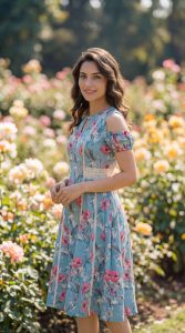 Keyhole neckline on high vibration blue cotton midi dress