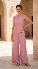 Blushing Pink Linen Sleeveless Top & Flare Pant Co-ord Set
