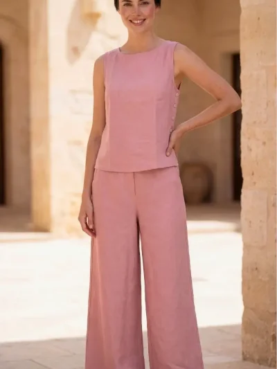 Blushing Pink Linen Sleeveless Top & Flare Pant Co-ord Set