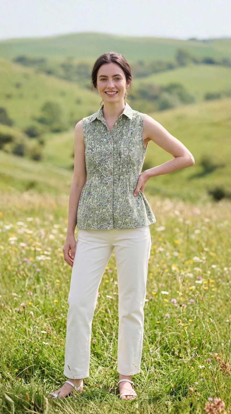 Green floral print cotton princess cut top with shirt collar and wooden buttons front view — Sunavyaa