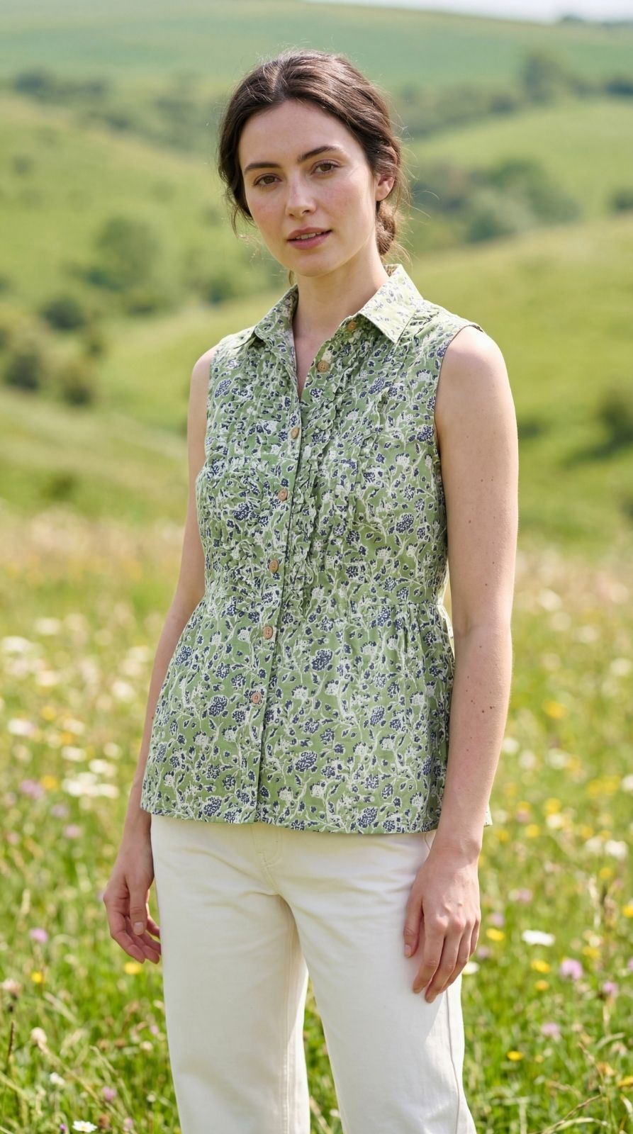 Side view of green floral print cotton princess cut top showing fitted seam line by Sunavyaa