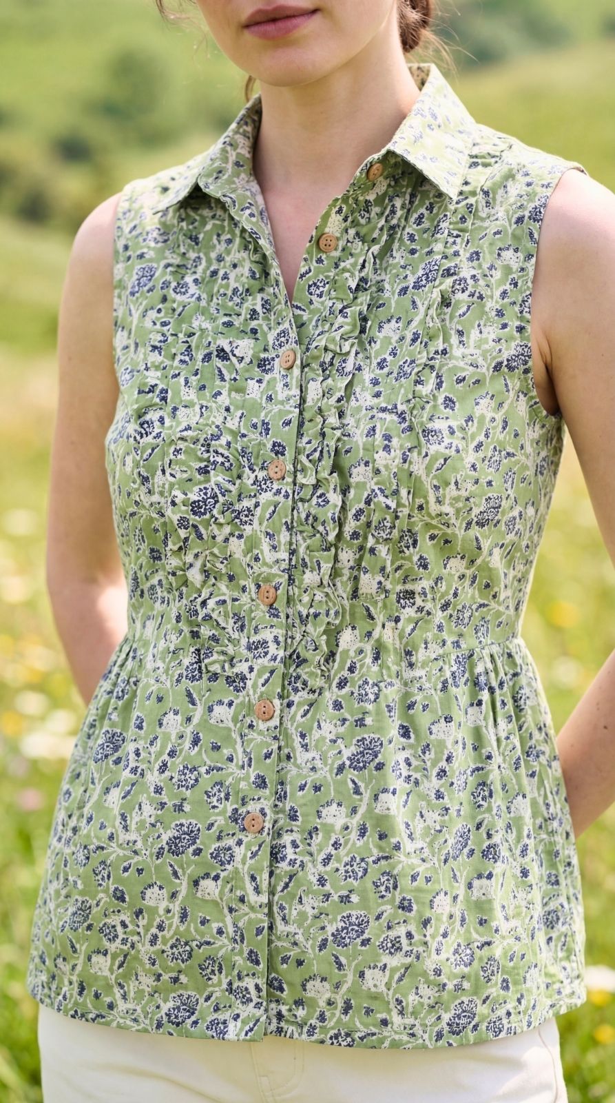 Green Floral Print Cotton Princess Cut Top with Shirt Collar - Image 5