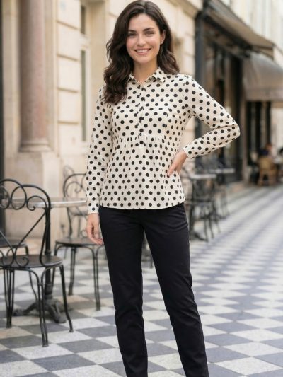 Black & White Polka Dot Slub Cotton Top with Gathered Waist