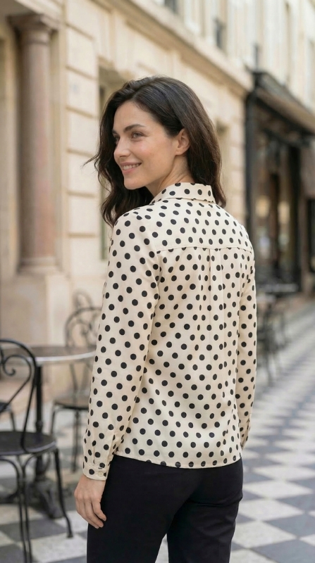 Black & White Polka Dot Slub Cotton Top with Gathered Waist - Image 4