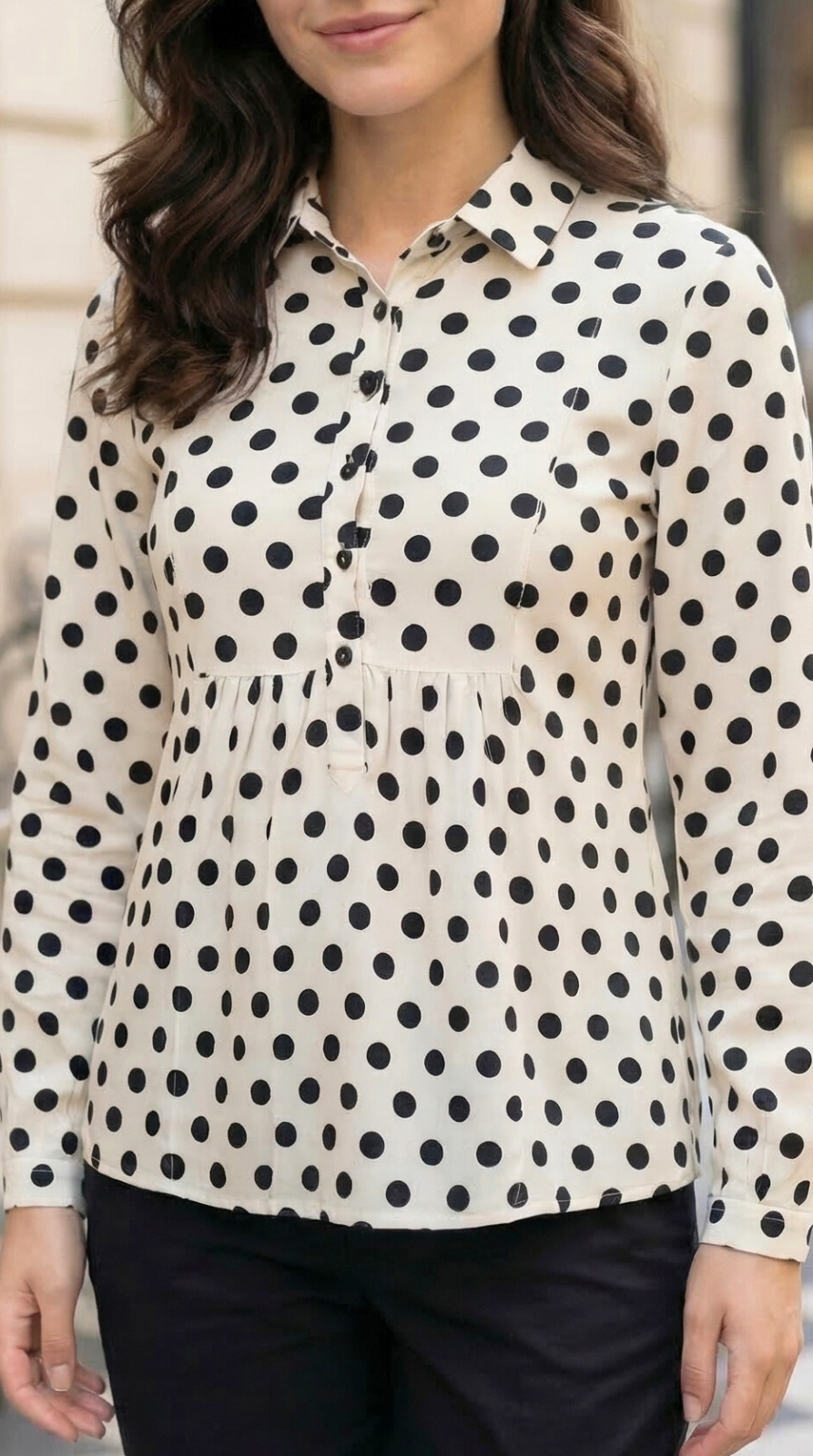 Black & White Polka Dot Slub Cotton Top with Gathered Waist - Image 5
