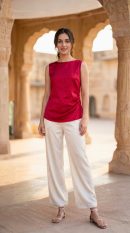 Crimson Red Gajji Silk Boat Neck Top with Cowl Hem