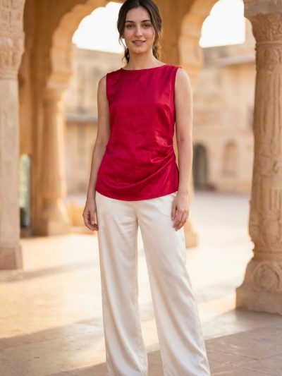 Crimson Red Gajji Silk Boat Neck Top with Cowl Hem