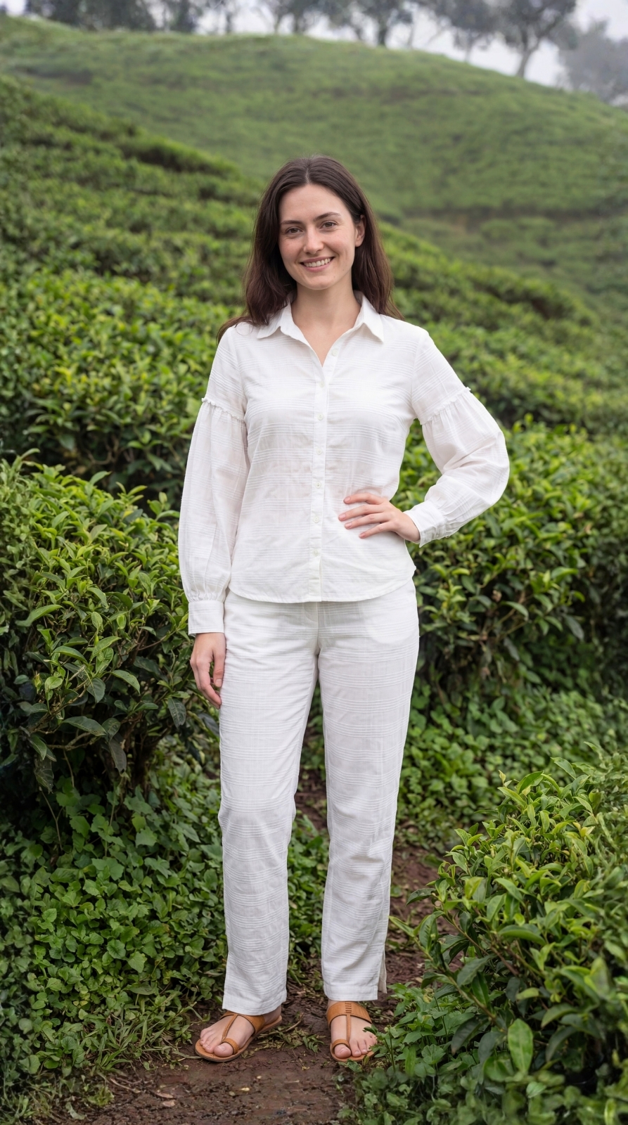 Full length styled view of Sunavyaa white crush cotton co-ord set with puff sleeves and narrow pants