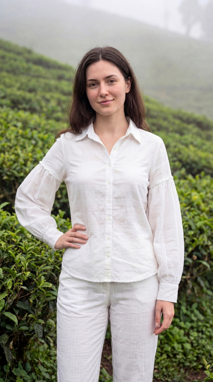 White Crush Cotton Puff Sleeve Shirt & Narrow Fit Pant Co-ord Set - Image 2