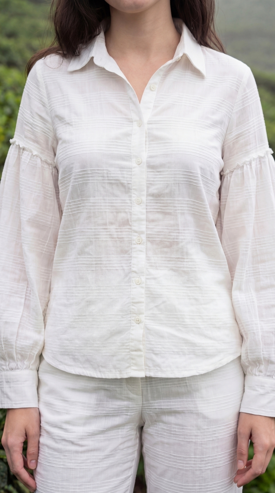 White Crush Cotton Puff Sleeve Shirt & Narrow Fit Pant Co-ord Set - Image 5