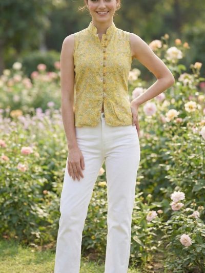 Yellow Floral Print Cotton Top with Princess Line & Stand Collar