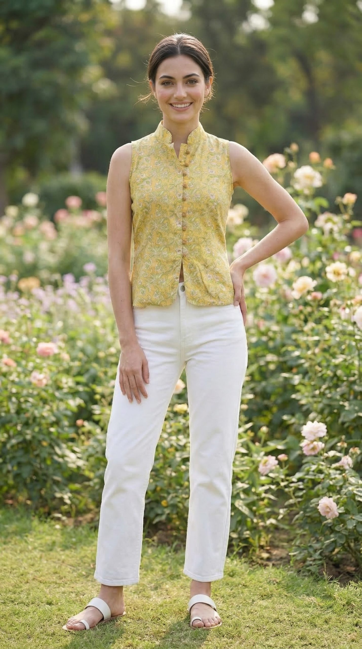 Yellow Floral Print Cotton Top with Princess Line & Stand Collar
