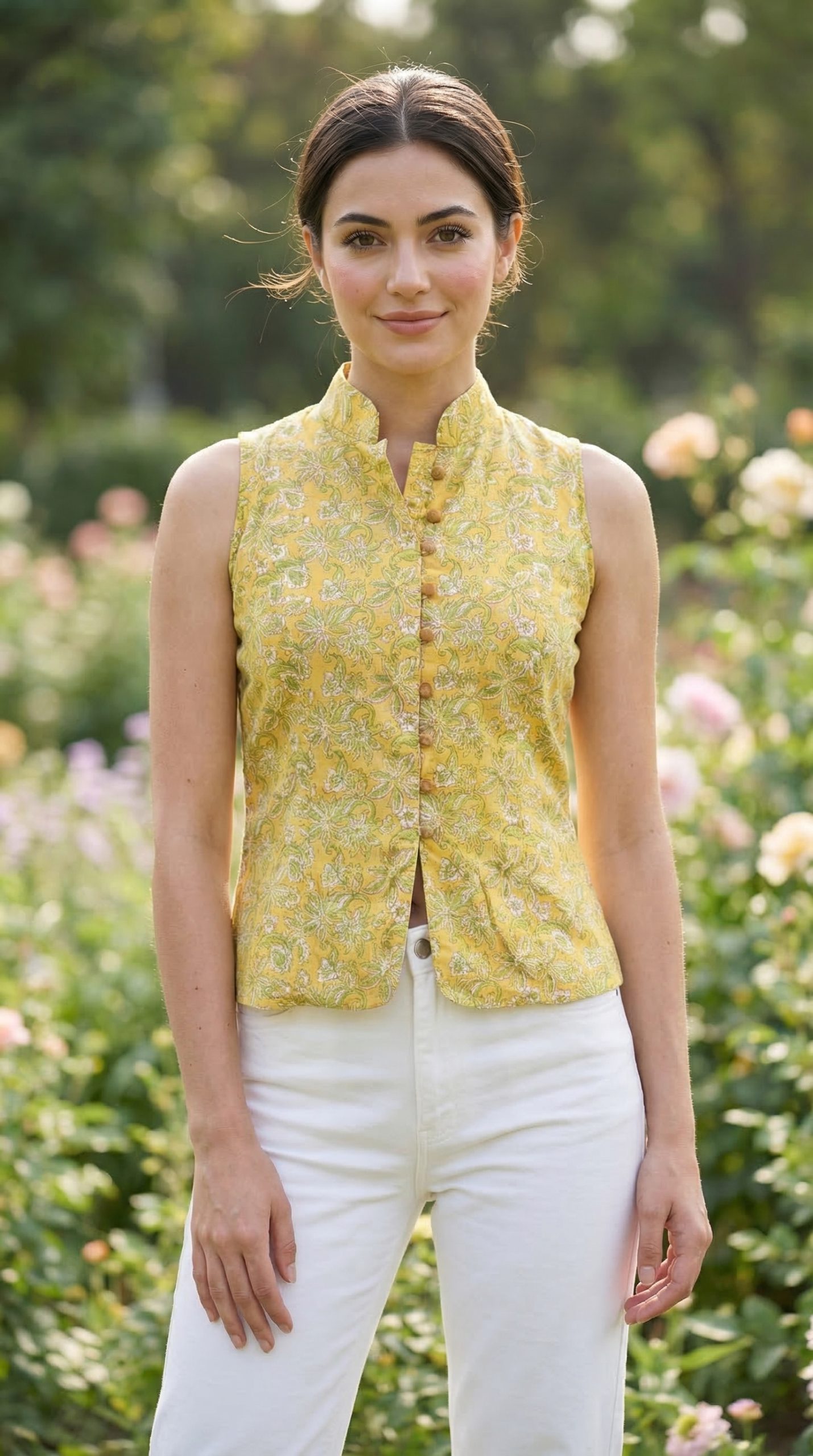 Yellow Floral Print Cotton Top with Princess Line & Stand Collar - Image 2