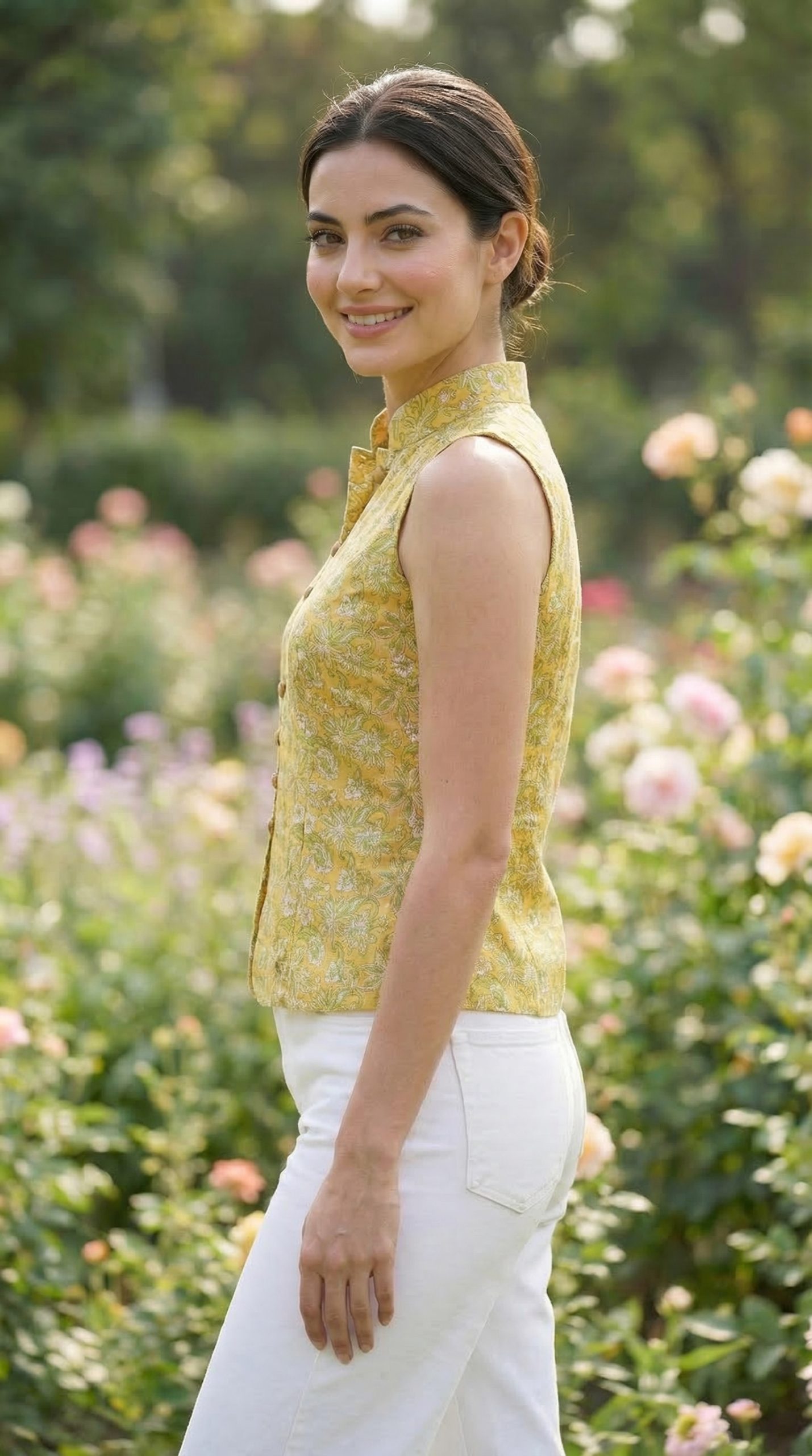 Yellow Floral Print Cotton Top with Princess Line & Stand Collar - Image 3