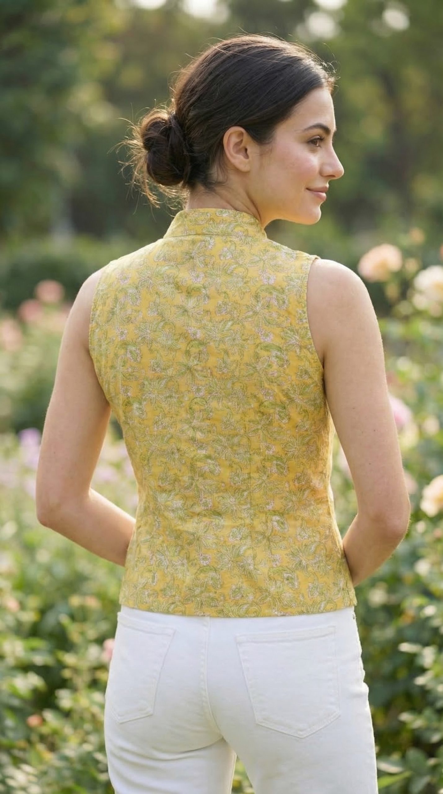 Yellow Floral Print Cotton Top with Princess Line & Stand Collar - Image 4