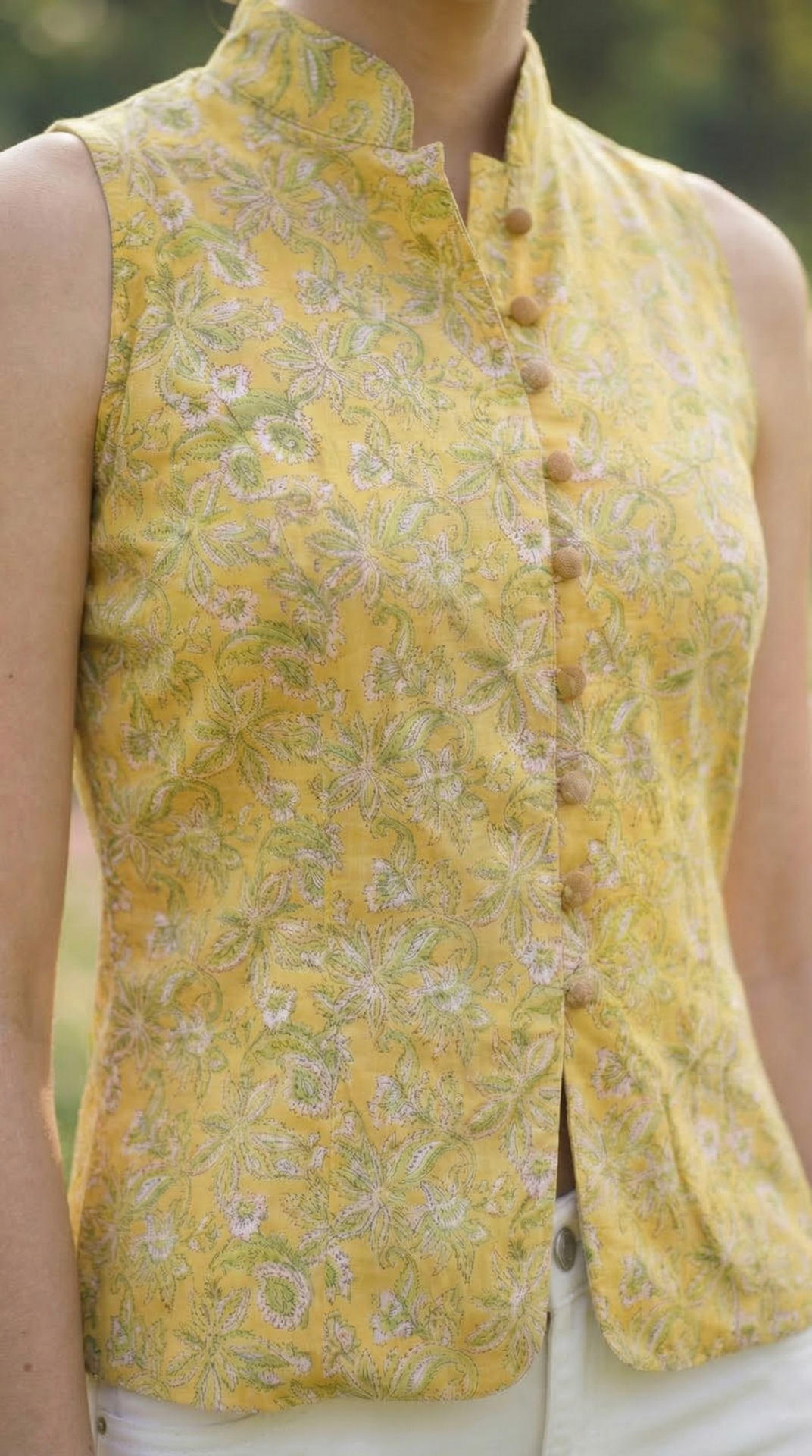 Yellow Floral Print Cotton Top with Princess Line & Stand Collar - Image 5