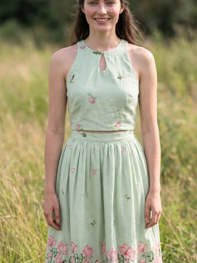 Close up of keyhole neckline and front waist belt — sacred design detail — Sunavyaa lettuce green dress