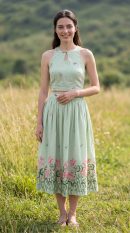 Lettuce green mal cotton keyhole neck calf length dress front full length view — Mercury manifestation wear — Sunavyaa