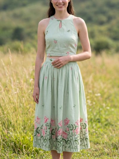 Lettuce green mal cotton keyhole neck calf length dress front full length view — Mercury manifestation wear — Sunavyaa