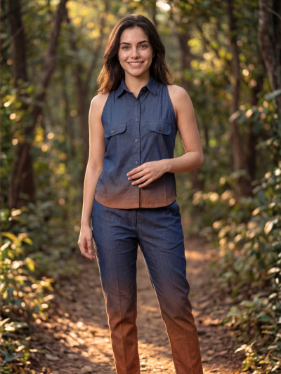 Dark forest green and burnt orange slub cotton co-ord set with shirt collar and flared top — front full length — Mercury Sun Jupiter manifestation wear — Sunavyaa