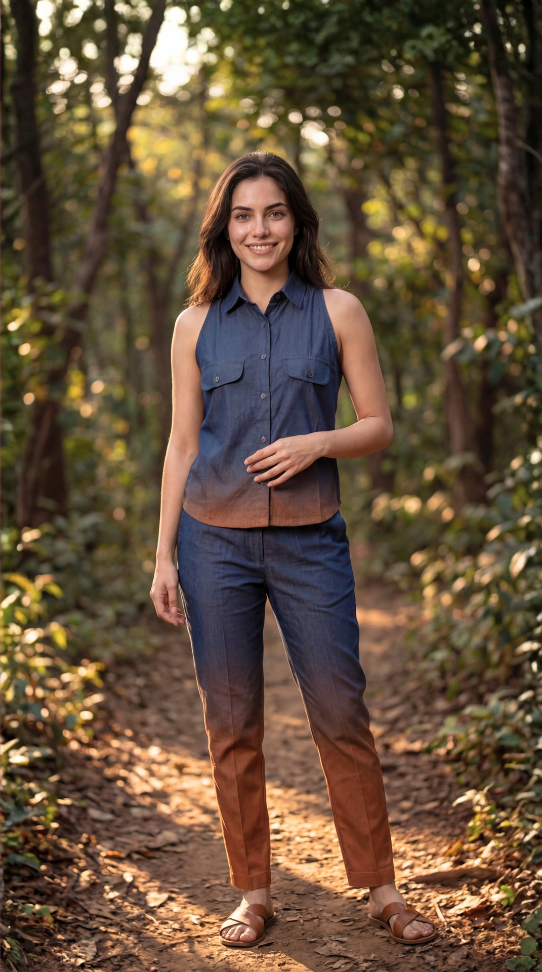 Dark forest green and burnt orange slub cotton co-ord set with shirt collar and flared top — front full length — Mercury Sun Jupiter manifestation wear — Sunavyaa