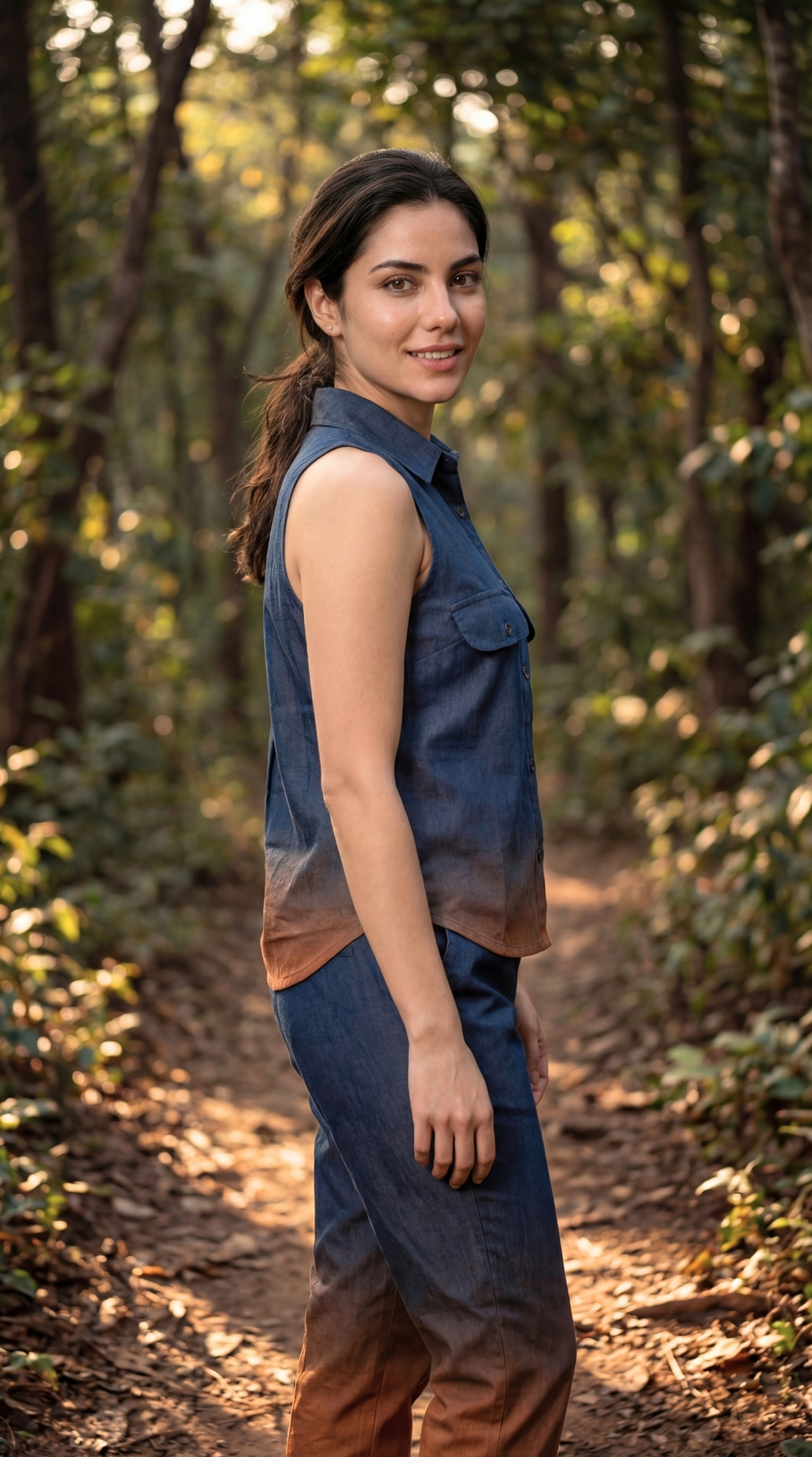 Side view of Sunavyaa dark forest green and burnt orange slub cotton co-ord set showing flared top silhouette and high-low hem