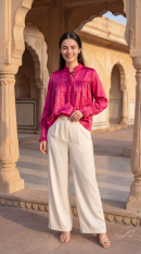 Deep pink gajji silk loose fit top with pleated neck and bow belt — front full length — Venus Mars manifestation wear — Sunavyaa