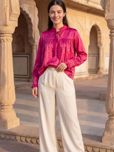 Deep pink gajji silk loose fit top with pleated neck and bow belt — front full length — Venus Mars manifestation wear — Sunavyaa