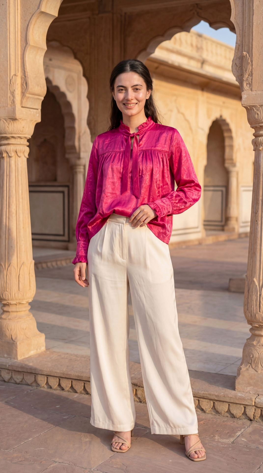 Deep pink gajji silk loose fit top with pleated neck and bow belt — front full length — Venus Mars manifestation wear — Sunavyaa