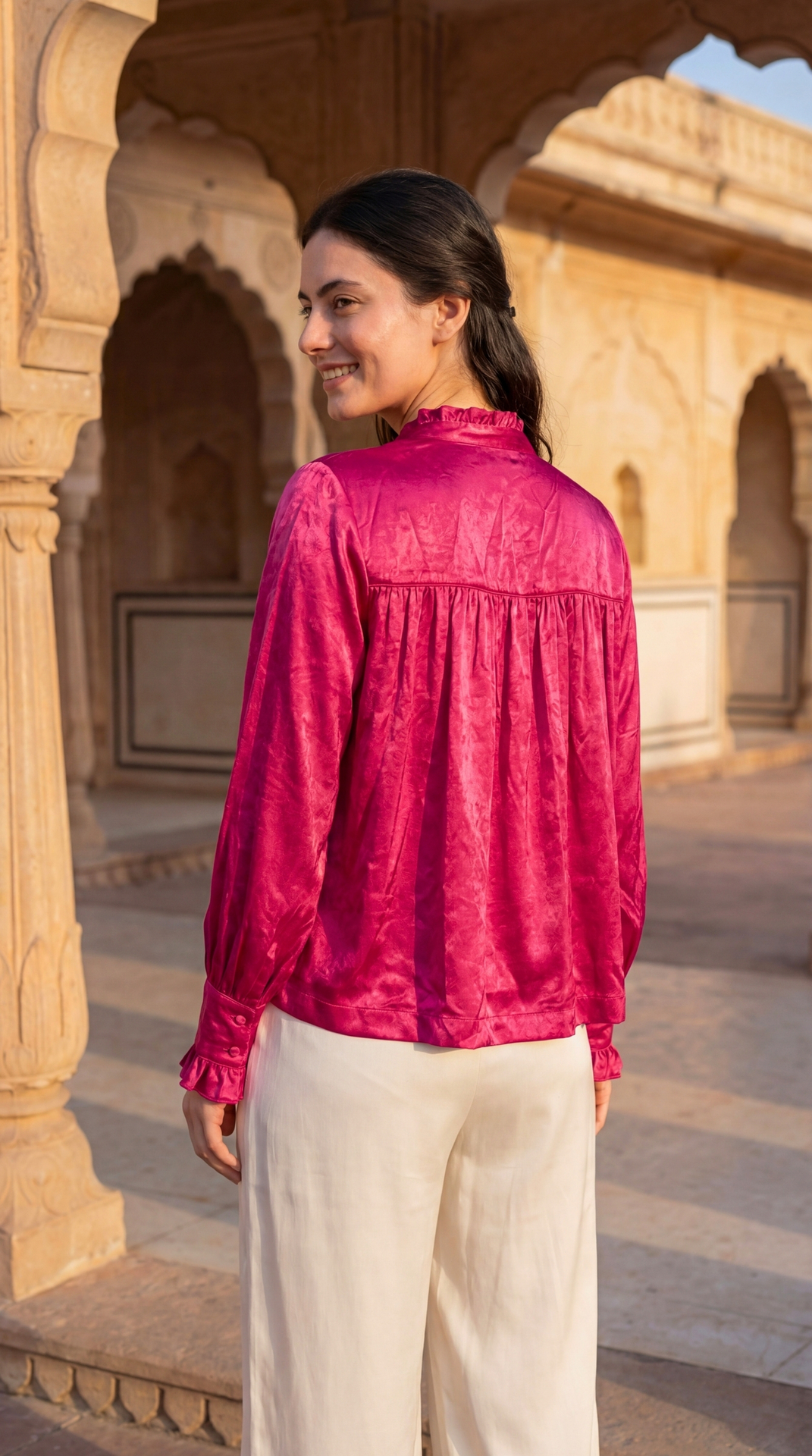 Back view of Sunavyaa deep pink gajji silk top showing yoke gathers — Anahata heart chakra expansion design — sacred manifestation detail
