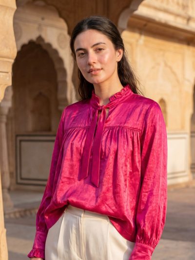 Close up of small pleated neck and attached bow belt on Sunavyaa deep pink gajji silk top — layered intention and sacred reciprocity design detail