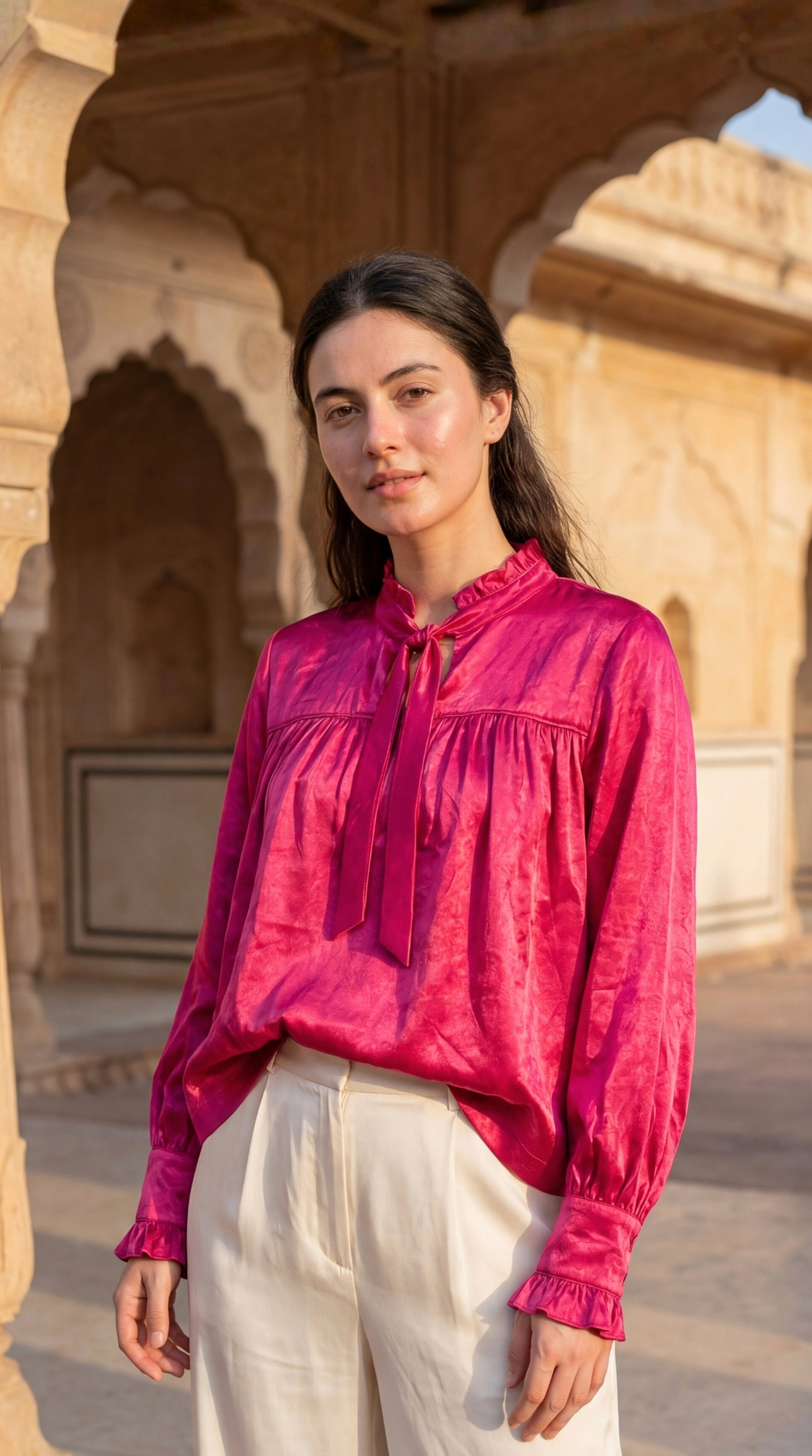 Close up of small pleated neck and attached bow belt on Sunavyaa deep pink gajji silk top — layered intention and sacred reciprocity design detail