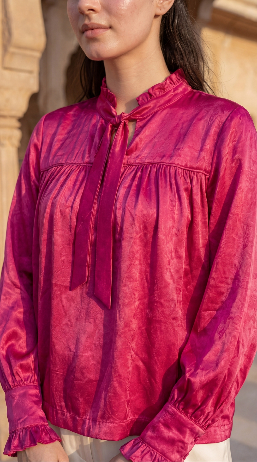 Outfit detail of Sunavyaa deep pink gajji silk top with Sunavyaa cufflink — Venus Mars Number 6 Number 9 dual frequency energised sacred manifestation system