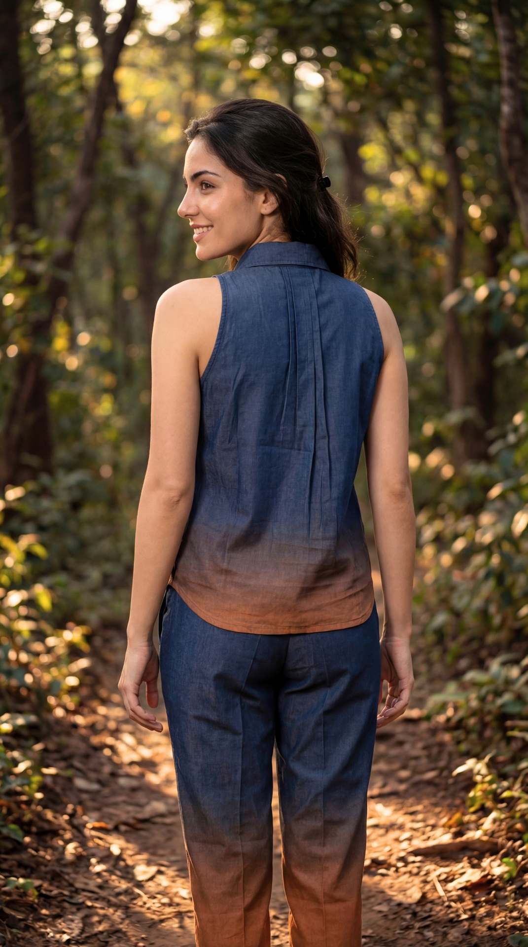 Back view of Sunavyaa dark forest green burnt orange co-ord set showing pleated back yoke gathers — Jupiter expansion energy structural detail