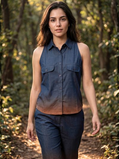 Close up of shirt collar and incut sleeve detail on Sunavyaa dark forest green burnt orange slub cotton co-ord set — Vishuddha chakra activation design