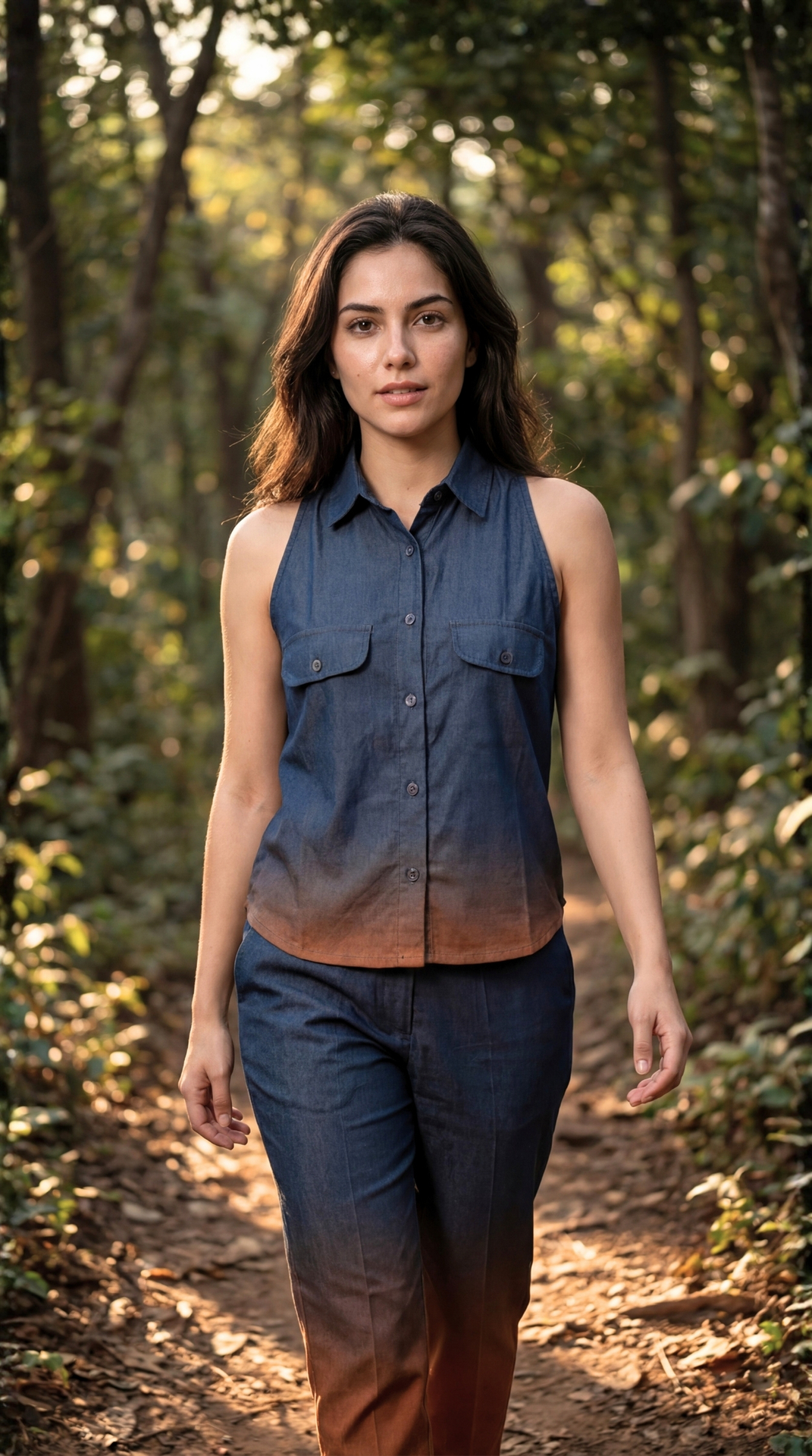 Close up of shirt collar and incut sleeve detail on Sunavyaa dark forest green burnt orange slub cotton co-ord set — Vishuddha chakra activation design