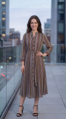 Multi stripe black georgette calf length midi dress with flat collar and waist belt — front full length — Saturn manifestation wear — Sunavyaa