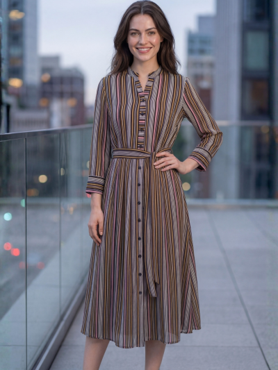 Multi stripe black georgette calf length midi dress with flat collar and waist belt — front full length — Saturn manifestation wear — Sunavyaa