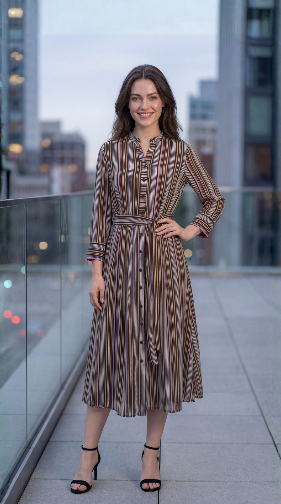 Multi stripe black georgette calf length midi dress with flat collar and waist belt — front full length — Saturn manifestation wear — Sunavyaa