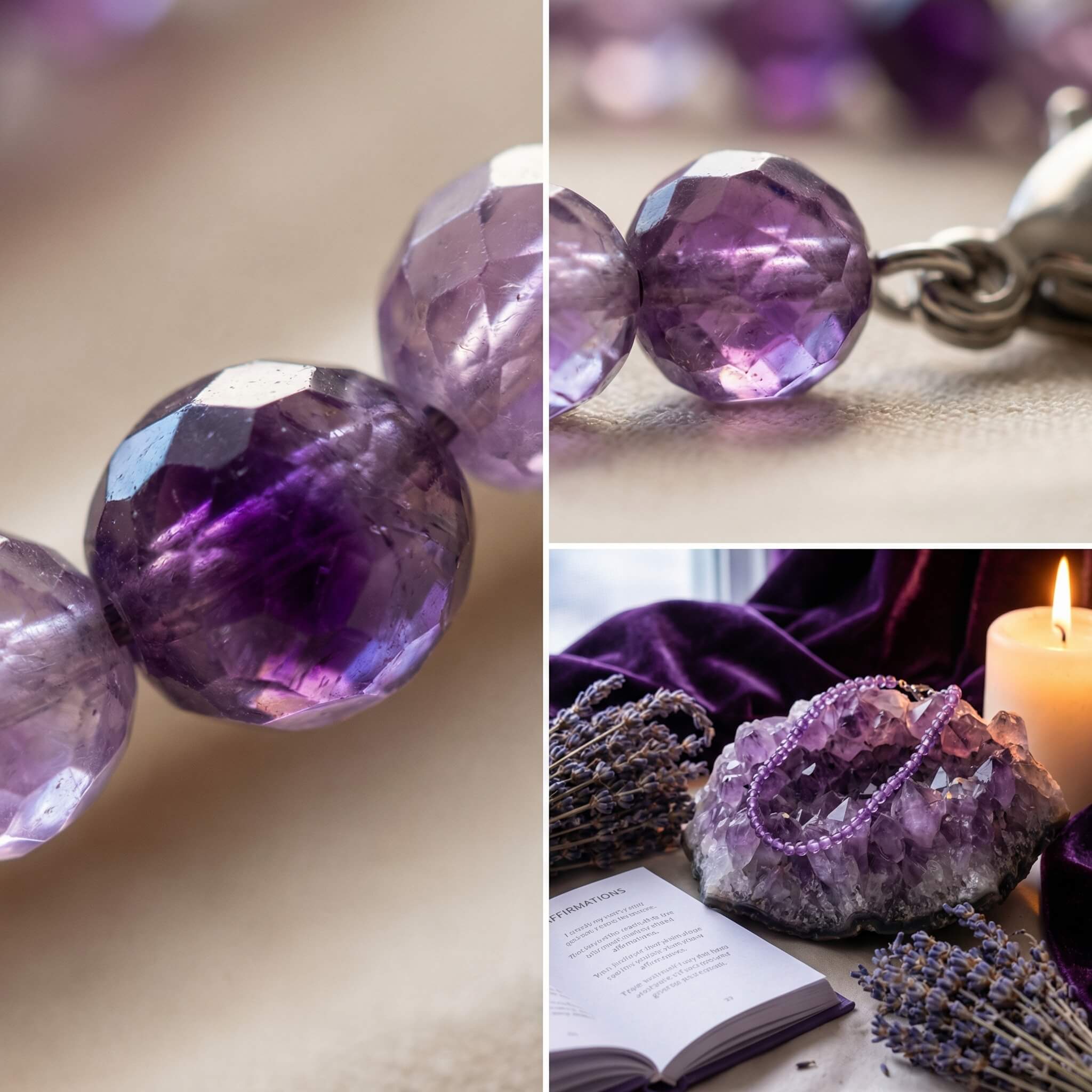 Amethyst anklet on geode slice with candle and lavender for spiritual luxury brand mood