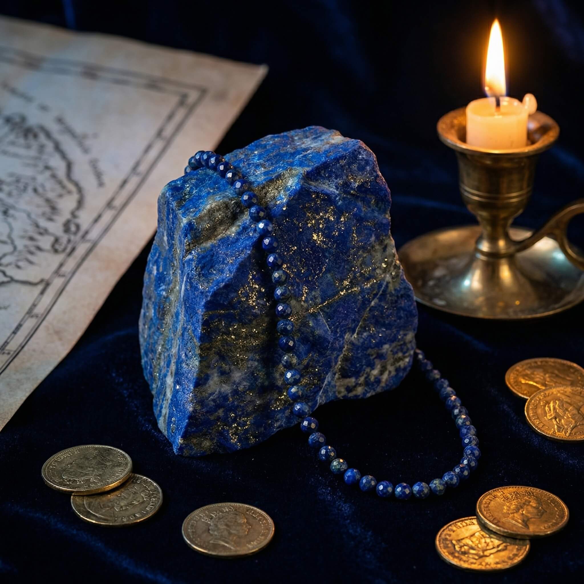 Lapis lazuli anklet on dark slate with antique compass and tumbled stones for power brand mood shot
