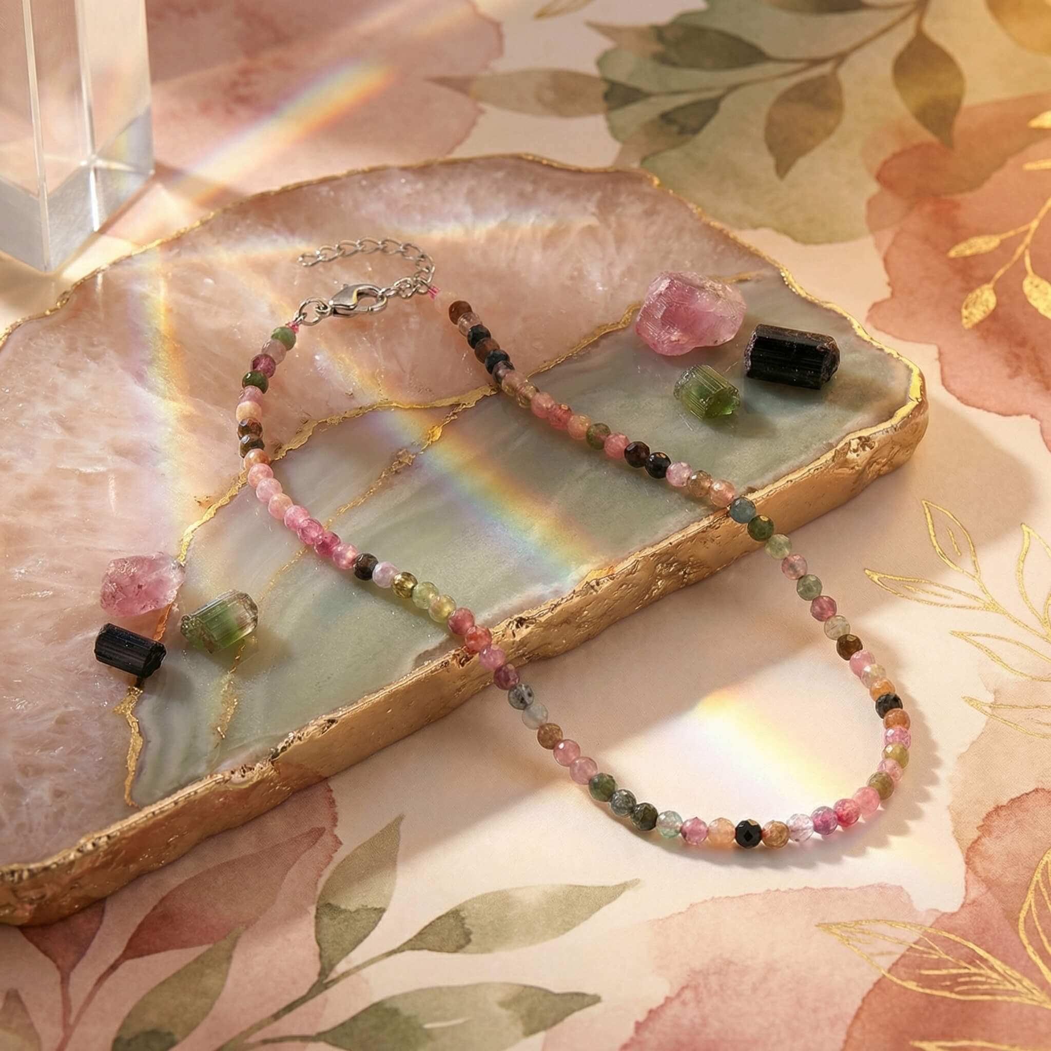 Sunavyaa multi tourmaline crystal anklet flat lay on white surface with mixed crystal chips in pink green blue yellow