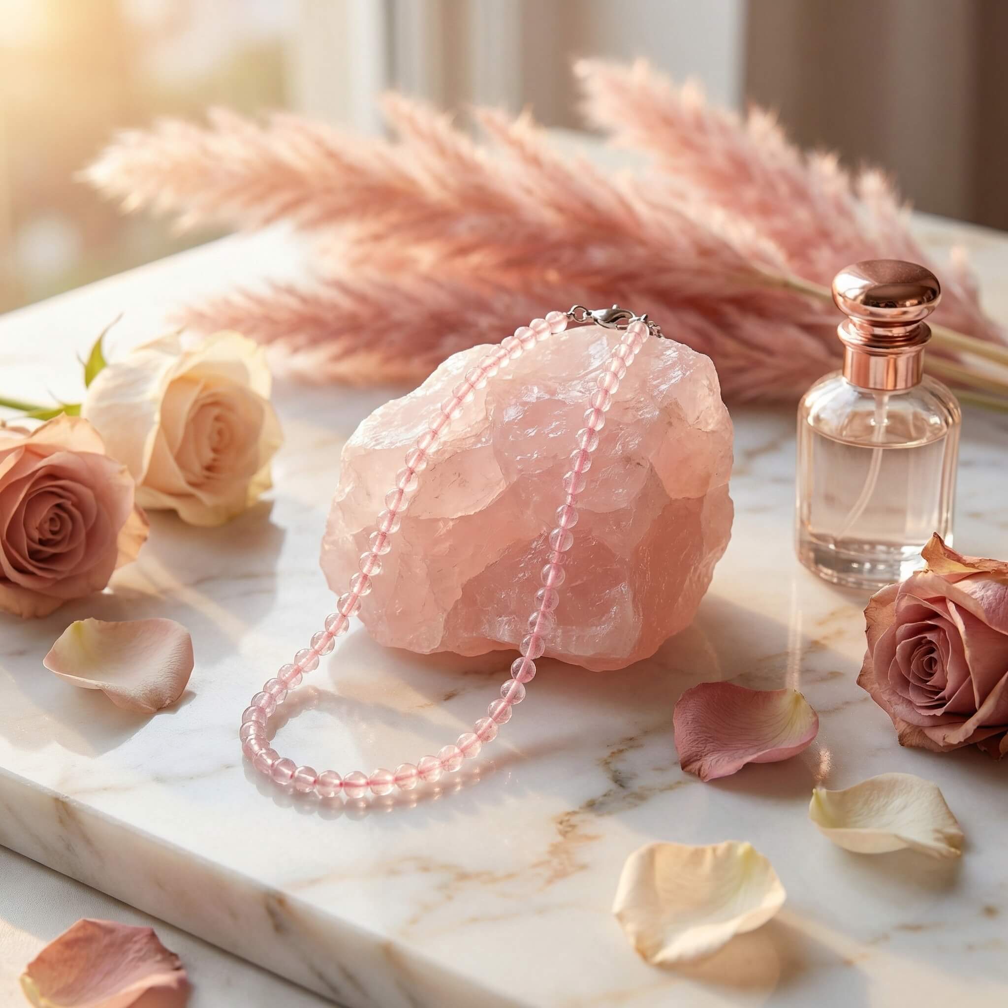 Rose quartz anklet on raw crystal slab with dried roses and pink ribbon for romance brand mood