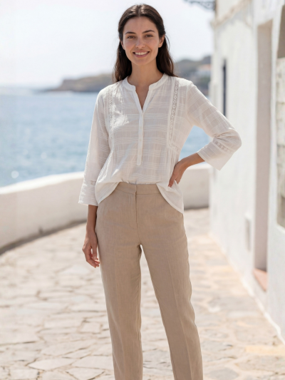 White crush cotton princess line top with lace and flat collar — front full length — Moon Venus manifestation wear — Sunavyaa