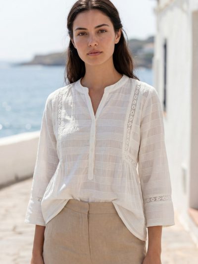 Close up of lace detail at princess line and flat collar on Sunavyaa white crush cotton top — Venus sacred textile element