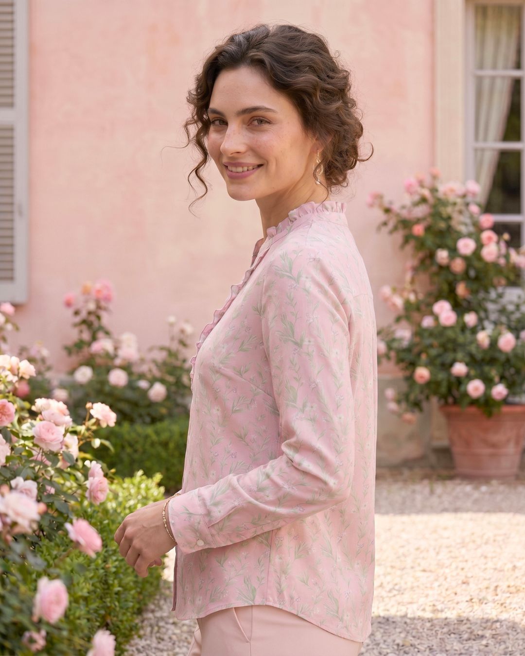 Numerology 6 Top – Pink, White & Pastel Venus-Energised Frilled Shirt - Image 3