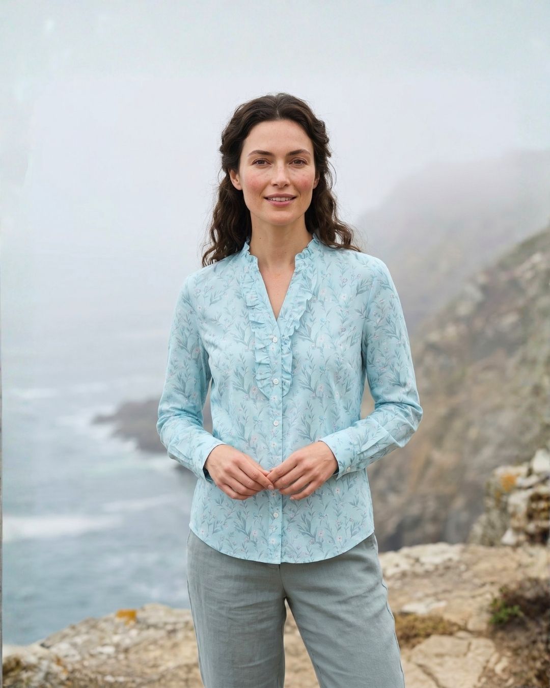 Numerology 7 Top – Light Blue, Sea-Green, Grey & Off-White Ketu-Energised Mal Chanderi Shirt
