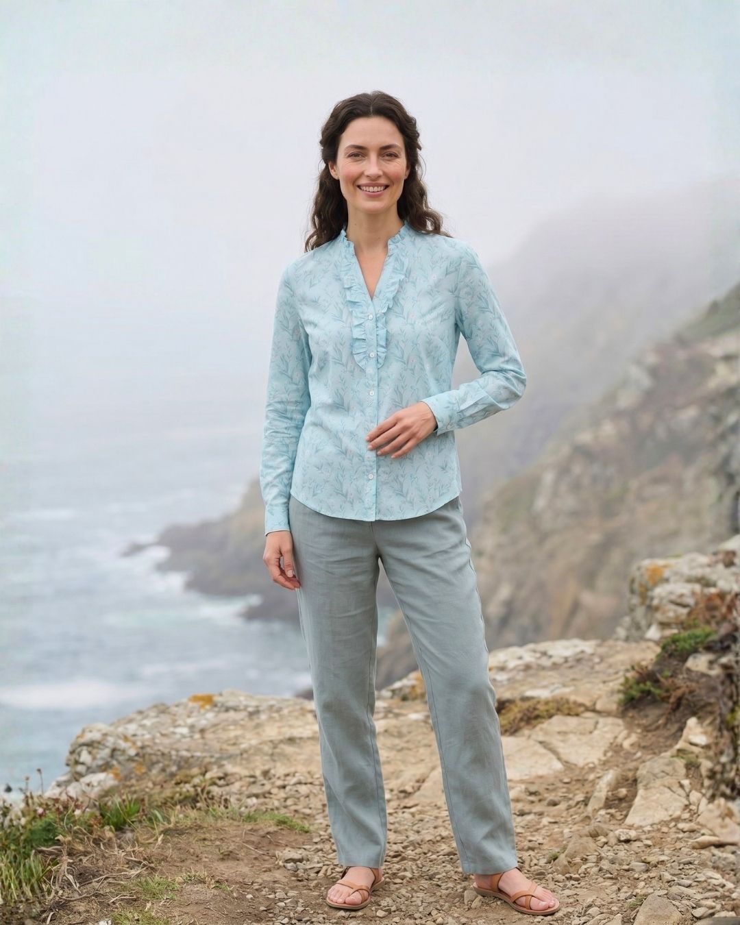 Numerology 7 Top – Light Blue, Sea-Green, Grey & Off-White Ketu-Energised Mal Chanderi Shirt - Image 2
