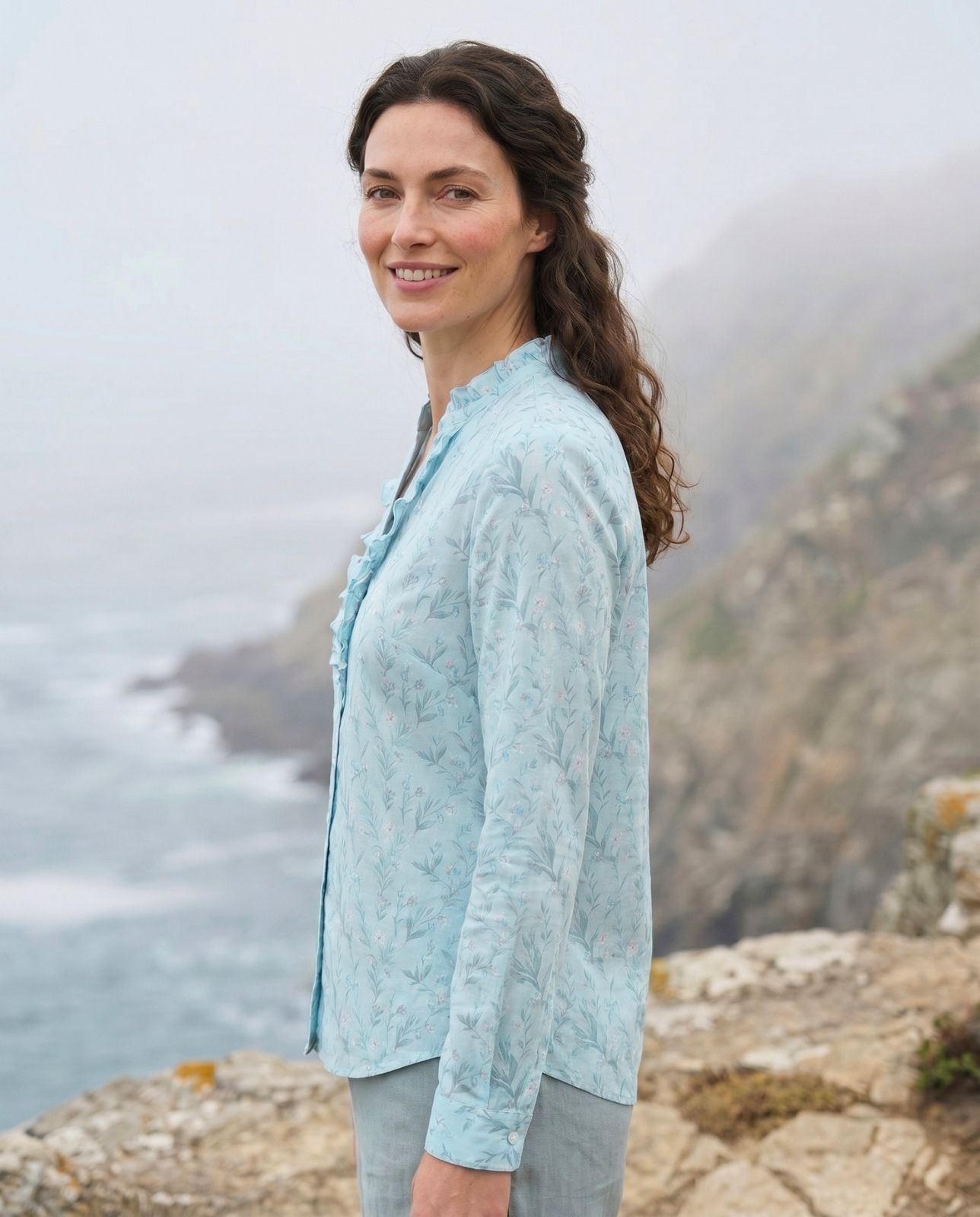 Numerology 7 Top – Light Blue, Sea-Green, Grey & Off-White Ketu-Energised Mal Chanderi Shirt - Image 3